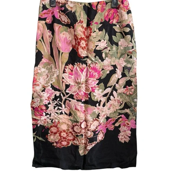 Anthropologie Pink & Black Floral Side-Slit Midi Skirt - Size 10 - Picture 3 of 8
